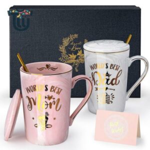 Biching Gifts for Parents, New Mom Gifts, Couple Gifts, Worlds Best Mom and Dad Coffee Mug Set, Birthday Gifts for Mom Dad from Daughter Son, Anniversary, Christmas, Nice Gift Boxed, 14oz