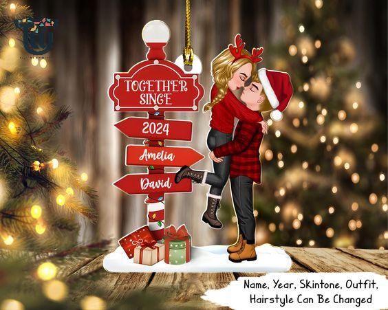 Christmas Couple Kissing Under North Pole Sign, Personalized Acrylic Ornament, Christmas Gift For Couple, Newlywed Gift, New Family Gift