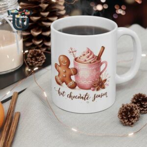 Hot Chocolate Mug, Autumn Winter Style, Pink Mug with Whipped Cream and Gingerbread cookie,Coffee Cup, Cozy Mug ,Mug Gift, Christmas Mug